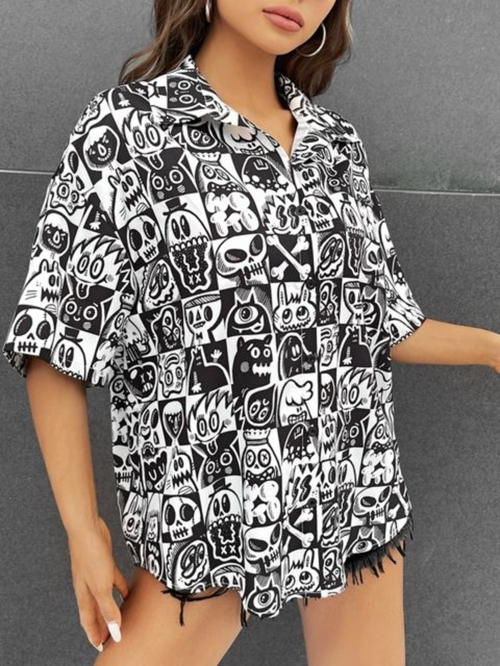 SHEIN × Wotto Skull & Cartoon Casual Button-Down Shirt Size S